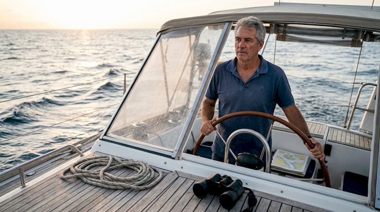 Captain steering luxury bluewater yacht at sunrise