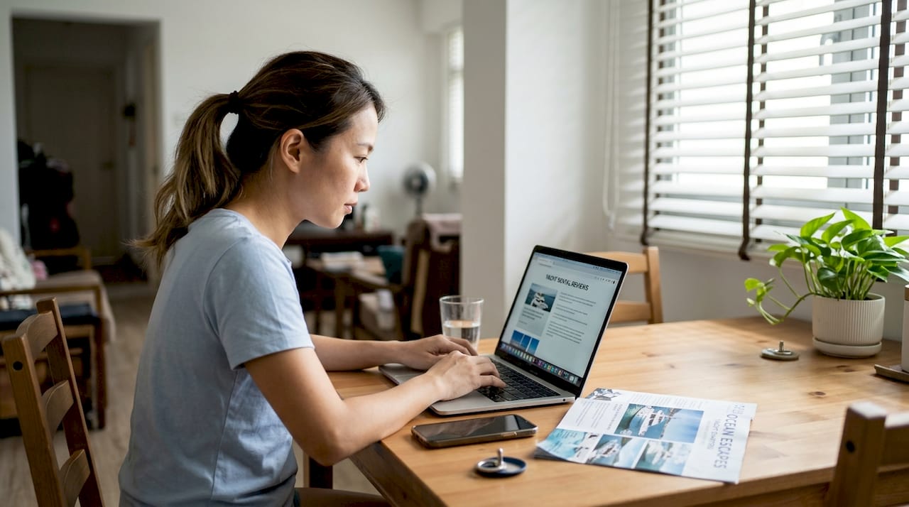 Woman checking yacht reviews at dining table