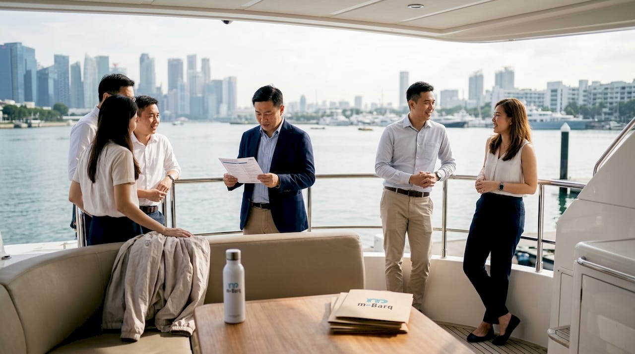 Business group on Singapore yacht deck