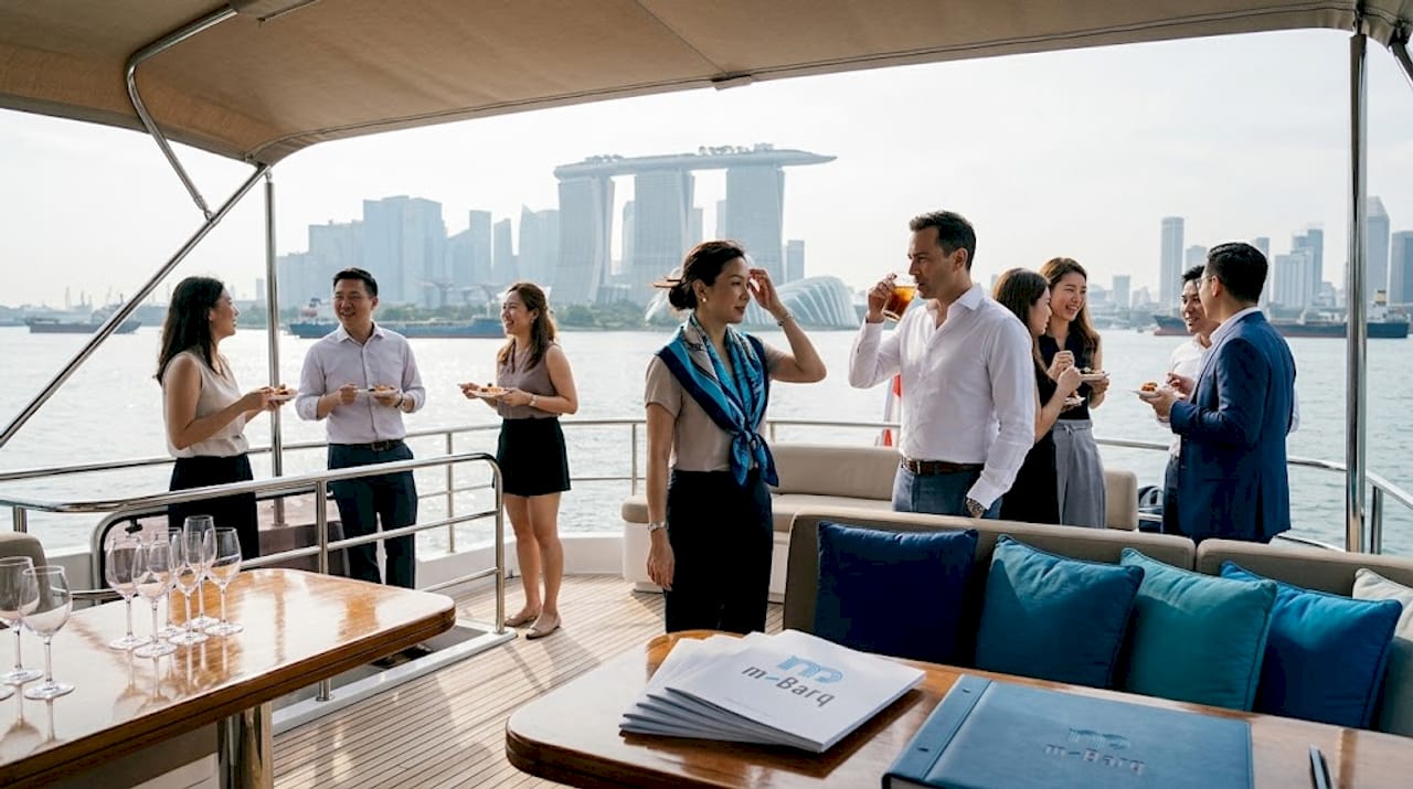 Corporate guests mingle on yacht deck in Singapore
