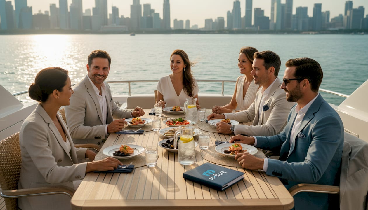 Corporate team meeting on luxury yacht deck