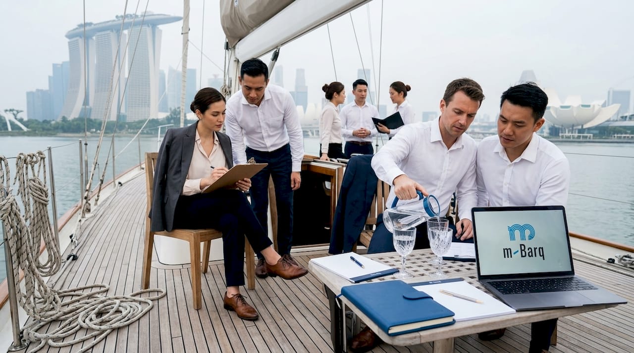 Corporate group organizing meeting on yacht deck