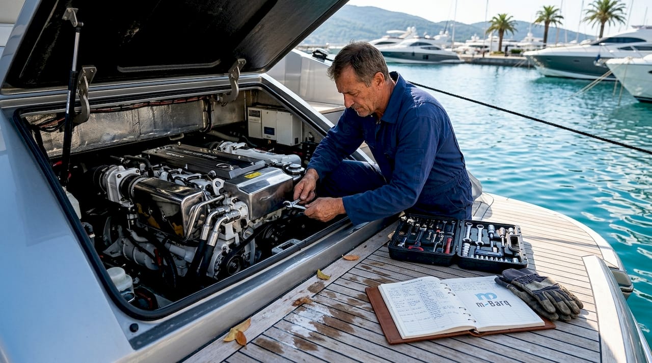 Marine engineer inspecting yacht engine dockside